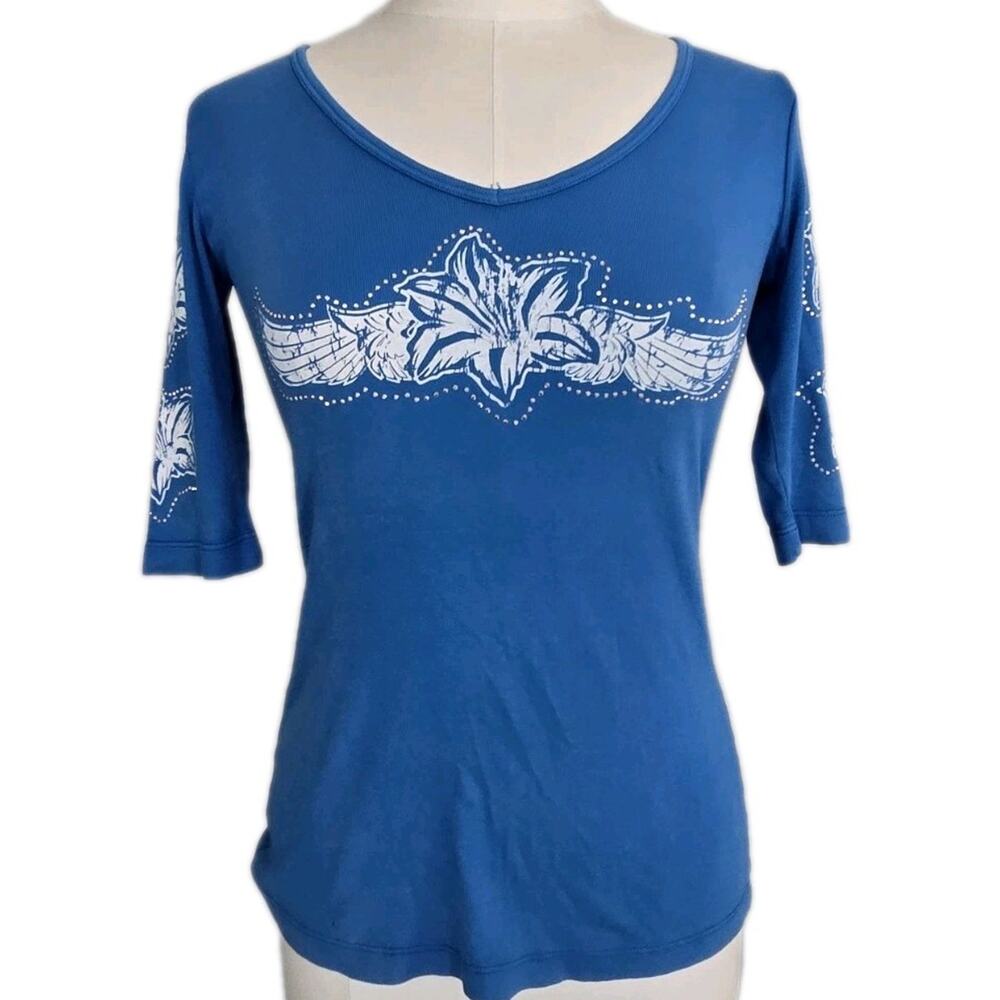 Y2K 90s Avangard USA Rhinestone Cyber Punk Floral Double Graphic TShirt Top Sz M